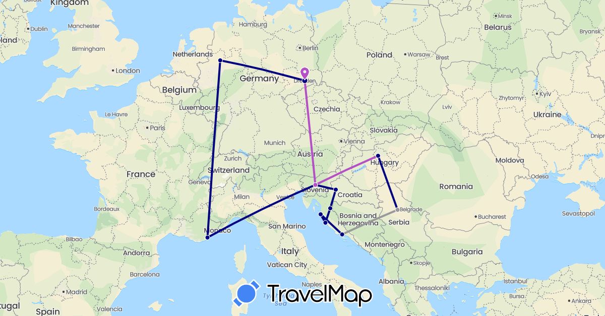 TravelMap itinerary: driving, plane, train in Germany, France, Croatia, Hungary, Slovenia (Europe)